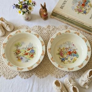 Royal Doulton 6.5" Bunnykins Porridge Cereal Bowls Picnic Garden Set of 2 1980s